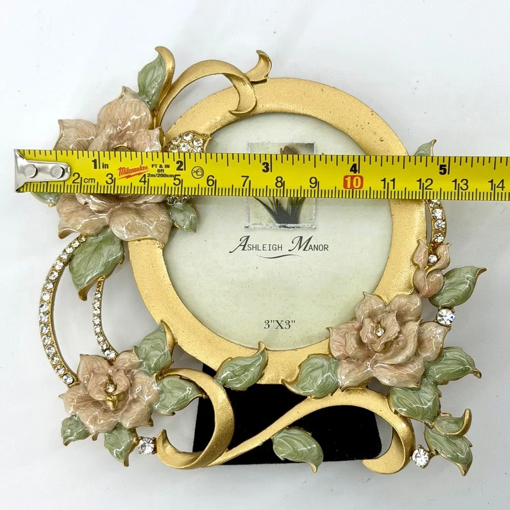 Ashleigh Manor Gold Enameled Flower Rhinestone Round 3x3 Picture Frame Vintage